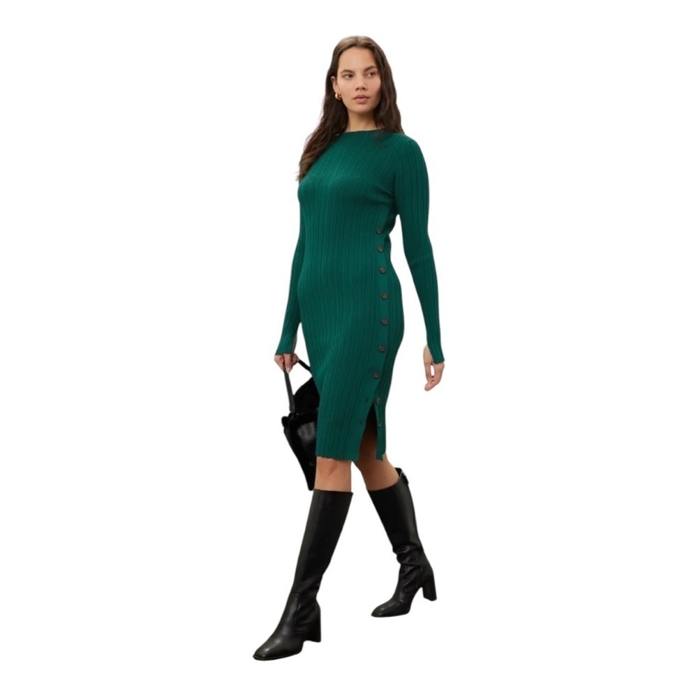 Adam Lippes Collective Sweater Dress Side Buttons Green Ribbed Knit Size Medium